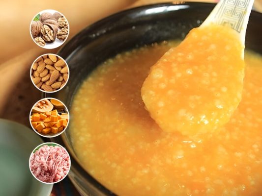 Cháo hạt óc chó thịt bằm bí đỏ hạnh nhân
